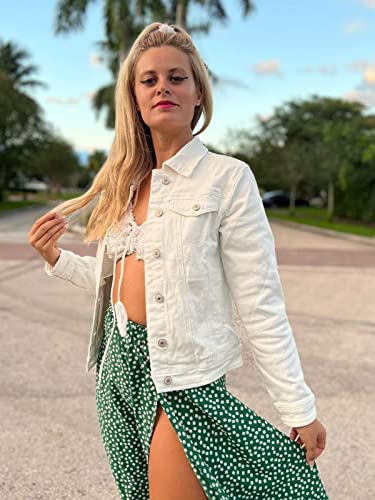 Luvamia Women's Casual Denim Jacket Stretch Long Sleeve Button Down Basic Jean Trucker Jacke Western Jackets For Women White Size Medium Fits Size 8 / Size 10 #TOP4