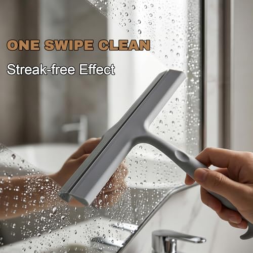 Image of Shower Squeegee for Glass Doors, 10-Inch Silicone, Fishtail Type Hook, Grey | One-piece Silicone, Fishtail Hook, Non-slip Grip and Quiet Glide for Shower Glass, Tile, Mirrors, Windows and Car Glass