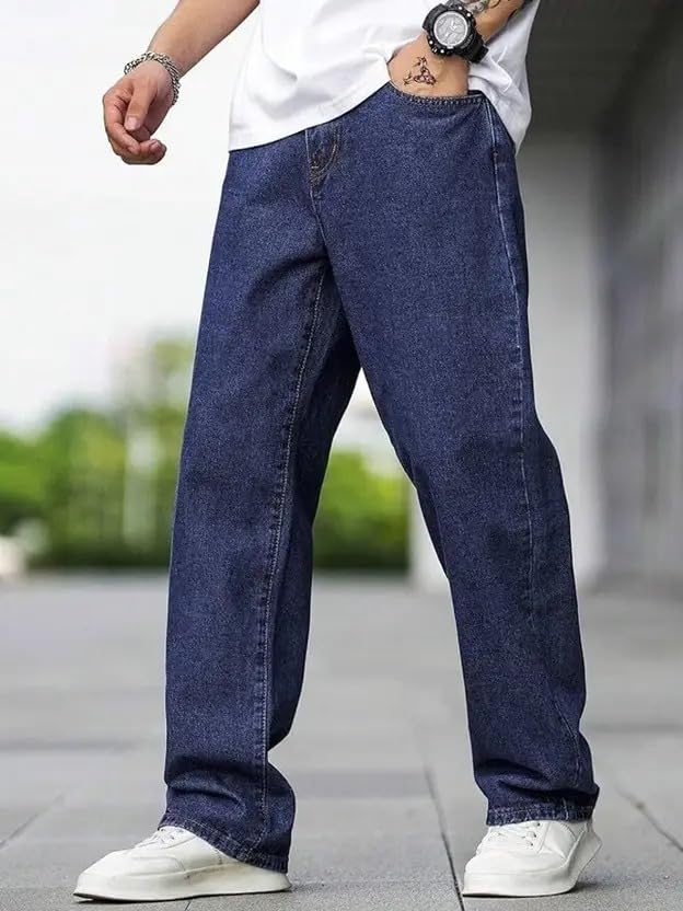 Image of Men's Relaxed Fit Jeans for Men | Loose Straight Leg Denim Pants | Comfortable Casual Trousers | Durable Everyday Wear Denim Bottoms for Office, Travel & Streetwear Style