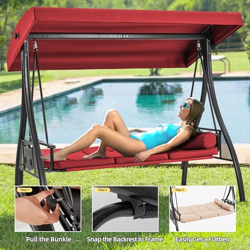 Image of HOMREST 3 Seat Outdoor Porch Swing with 1.5 inch Deepened Cup Holder, Adjustable Canopy, Patio Swing Bed with Stand, Patio Glider Swing with Thicken Cushions, Pillow for Yard, Garden(Wine Red)