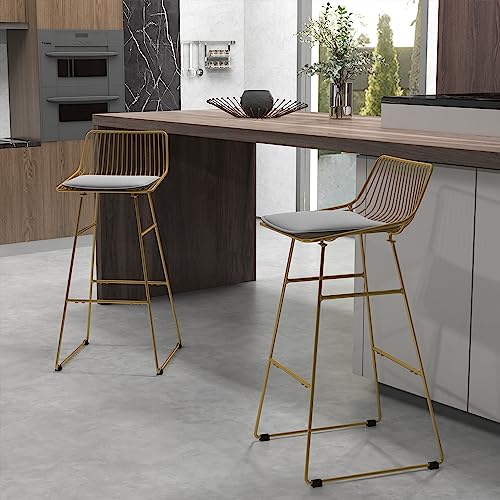 Homcom Modern Bar Stools Set Of 2, Metal Wire Bar Height Barstools, 30 Inch Bar Chairs For Kitchen With Removable Cushion, Back And Footrest, Gold #TOP1