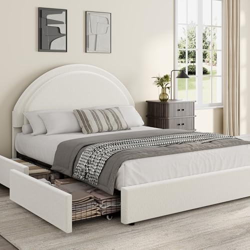Garvee Queen Size Bed Frame with Storage Drawers, Upholstered Boucle Platform Bed with Round Headboard, Heavy Duty & Noise Free, No Box Spring Needed,
