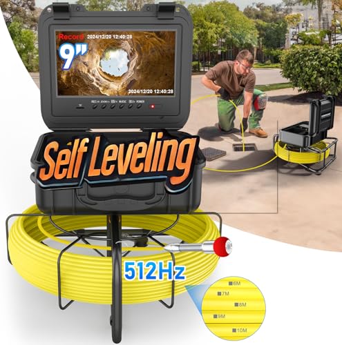 Sewer Camera Self-Leveling, Built-in 512HZ Transmitter, 9'' HD Plumbing Camera with Depth Marking, Zoom, and Adjustable LED Lights, Ideal for Drain, Pipes, Wells, and Industrial Applications