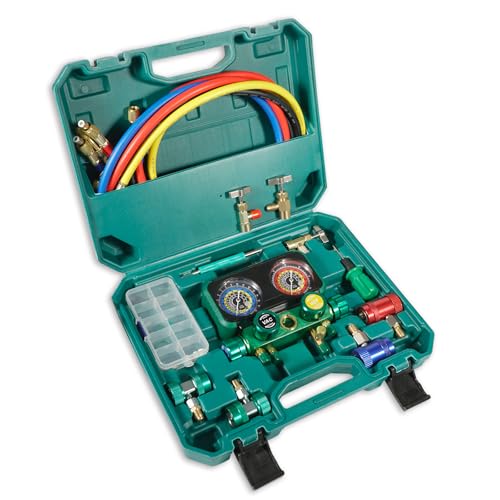PB Motor Tech 4 Way AC Manifold Gauge Set for R1234yf R134a R404a Refrigerants HVAC Manifold Gauge Set with Quick Couplers Three Can Taps Hoses for Automotive & Household AC Maintenance (Green)