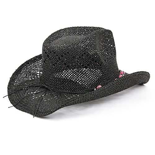 Tovoso Western Cowgirl Hat, Straw Cowboy Hat For Women With Shapeable Brim, Beaded Hearts Trim, Shapeable Cowboy Hat, Black-Pink #TOP4