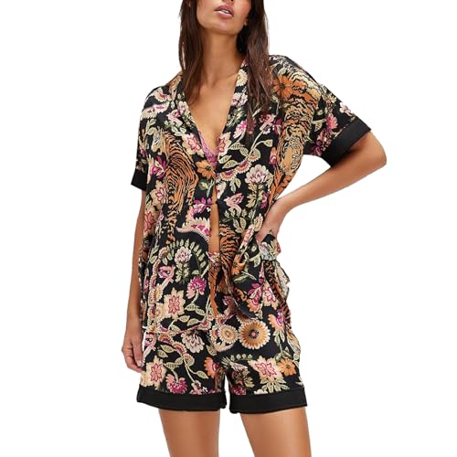 Image of Women Silk Pajamas Floral Satin 2 Piece Pajama Sets | Button Down Short Sleeve Shirt and Elastic High Waist Shorts, Vintage 2Pcs Pj Sets, Two Piece Lounge Set, Elegant Sleepwear