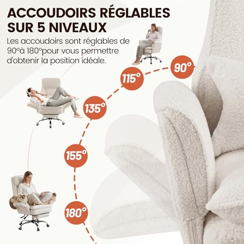 Fauteuil de bureau ergonomique chic en bouclé blanc et finitions soignées - 6