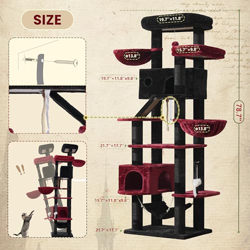 Image of Gitelsnour Tall Cat Tree Tower for for Multiple Cats, Large Condo, GCT031BR | 78.7 inch(200cm) Multi-level Scratching Post for Indoor Large Adult, 2 Condo, 4 Platforms, 3 Hammock, Sisal Rope, Toys Black