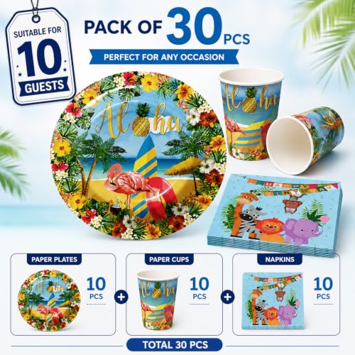 Image of Rozi Decoration 30 Pcs Tropical Aloha Party Supplies Set - Includes 10 Dessert Plates, 10 Paper Cups, 10 Napkins - Hawaiian Luau Theme Birthday Decorations
