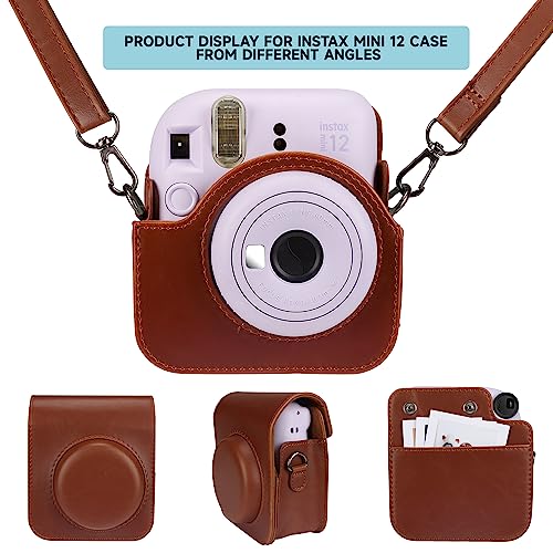 Meetikar Kameratasche und 64 Taschen Fotoalbum kompatibel mit Fujifilm Instax Mini 12 Sofortbildkamera, PU Leder tragbare Mini 12 Kameratasche mit verstellbarem Schulterriemen (Braun)