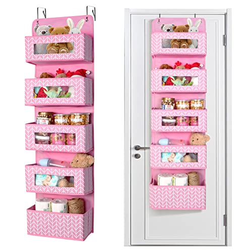 Image of Mayniu 2 Pack Over the Door Hanging Organizer Storage with 5 Large Pockets, Wall Mount Pantry Organizer with Clear Windows for Nursery, Closet, Toys, Diapers, and Sundries (Pink)