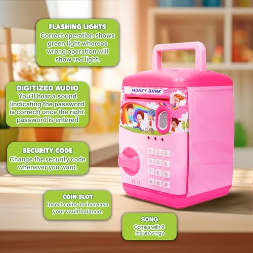 Image of Wembley Finger Print Sensor ATM Piggy Bank for Kids Girl Boys Gullak for Money Bank with Password & Music Auto Scroll Money Saving Box with Coin Cash Slot Gifts for Kids - Pink