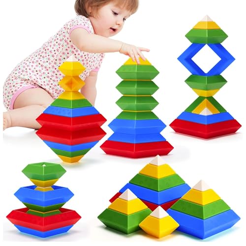 Image of Kidology Baby Shape Sorting Toy Montessori Sensory Toys with Colorful Cube | Shape Sorting Bin with Elastic Bands Fine Motor Skill Early Learning Preschool Educational (Stacking Tower Block-15Pcs)