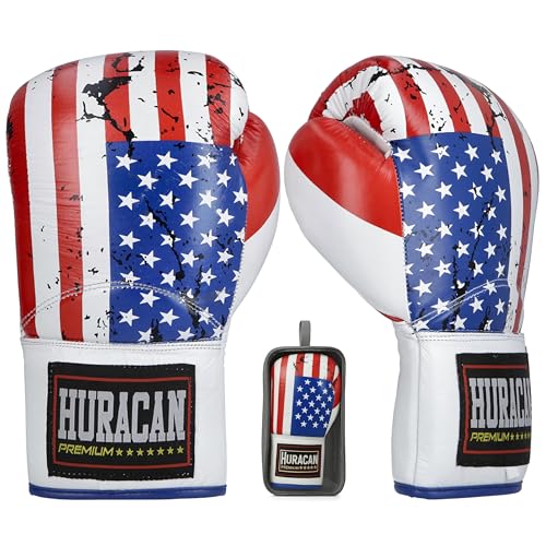 Synthetic Leather Boxing Gloves – Special Edition USA Flag Design – Lace Up Training & Sparring Gloves – Muay Thai, Kickboxing & MMA – 14 oz / 16 oz – Huracan Premium (US Flag, 14 oz)