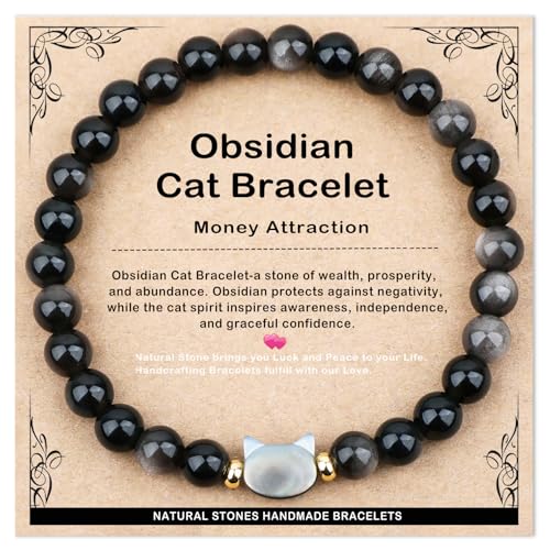 AD Beads 6mm Handmade Obsidian Cat Bracelet Elastic Bracelet Natural Gemstone for Money Attraction Meditation Yoga Healing and Energy Gift for Men Women