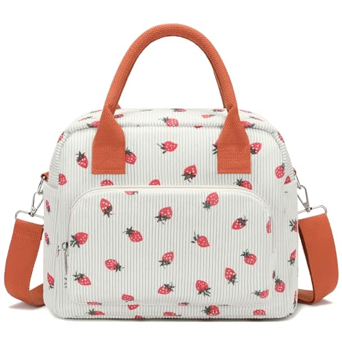 RLGPBON Lunch Bag for Women Girls Lunch Box Large Insulated Tote Bag, Cute Strawberry Corduroy Reusable Lunch Box for Adult for Work Picnic or Travel
