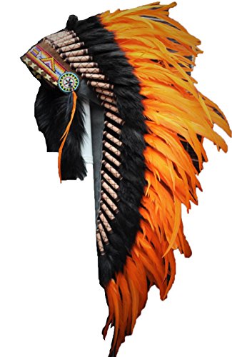 Native American Inspired Headdress - Handcrafted with Genuine Feathers and Beads (Orange)