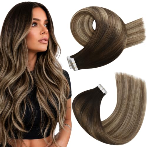 Moresoo Hair Extensions Tape in Golden Brown Balayage 18in 20Pcs 50g