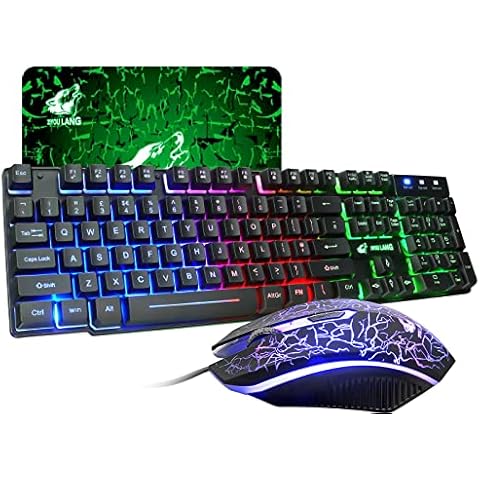 UK Layout Wired Gaming Keyboard Mouse & Mice & Pad Set, 104key Rainbow LED Backlit 19 Keys Anti-conflict, Adjustable 2400 DPI Mouse, for PC PS4 PS5 MAC Xbox Desktop Computer Notebook (Black) Cover