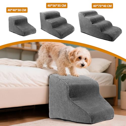 Hunde Treppe Bett 3 Stufen Haustiertreppe 35cm Hoch für Kleine Hunde Hundetreppe mit Waschbarem Bezug und Rutschfestem Boden für Bett Sofa und Auto Bezug Grau aus Hochdichtem Schwamm (grau, M, 3)