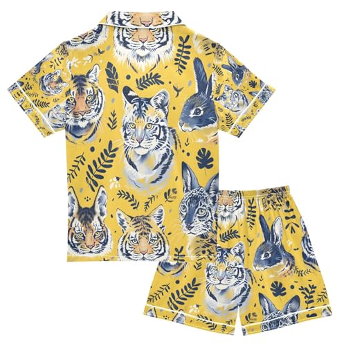 senya Cute Animals Yellow Satin Summer Pajama Sets Silk Short Sleeve Button Down Sleepwear2
