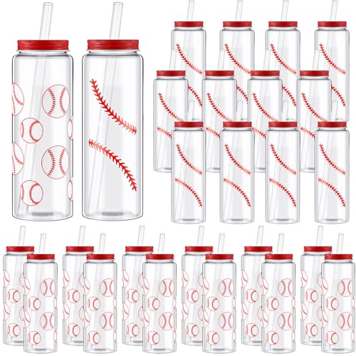 Maxdot 24 Pack 16.9 oz Baseball Plastic Cups with Lid and Straw Bulk Baseball Cup with Lid and Straw Clear Reusable Plastic Juice Bottles Tumbler for Sport Themed Party Favors Birthday Team Gifts
