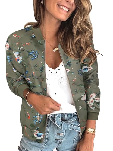 ECOWISH Damen Casual Jacke Blumenmuster Langarm Bomberjacke Reißverschluss Stehkragen Outwear Kurz Coat Herbst Frühling Armee Grün L