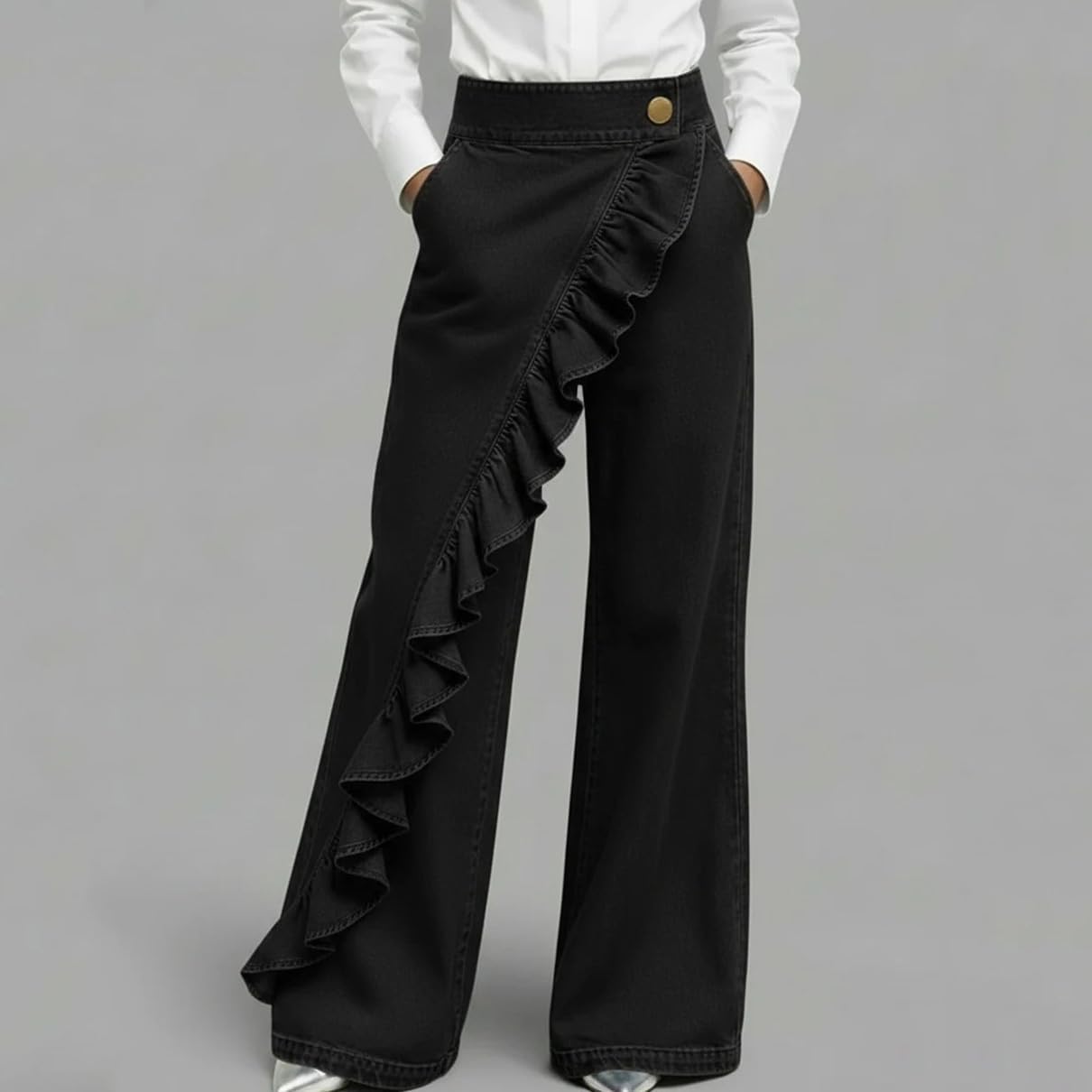High Waisted Straight Leg Jeans for Women Business Casual Pull on Dreesy Pants Trendy Patchwork Wrap Denim Pants