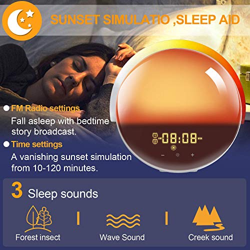 Luz LED para despertar, simulador de amanecer, despertar luminoso temporal, 20 niveles de brillo simulador de amanecer y atardecer, 8 sonidos naturales con función Snooze Nightlight