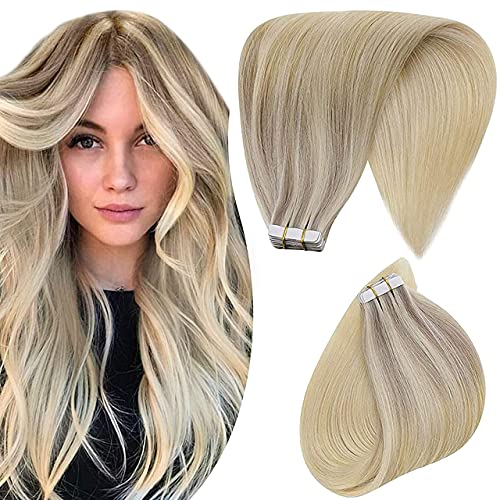 Hetto Blonde Balayage Tape in Hair Extensions Real Human Hair Ash Blonde ang Blonde Tape in Extensions Remy Hair Glue in Hair Extensions Straight Hair 14 Inch 50g