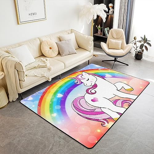 Unicorn Area Rug 3x5, Rainbow Rug for Girls Kids, Cute Unicorn Animal Non Slip Carpet, Purple Red Kawaii Horse Glitter Stars Cartoon Heart Pattern Decorative Rug for Living Room