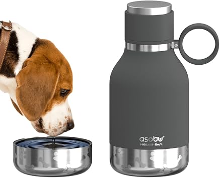 Asobu Dog Bowl Attached to Stainless Steel Insulated Travel Bottle for Human 37oz/1.1 Liter with Detachable Dog Bowl Smoke