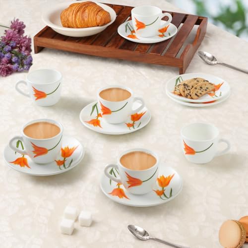 Image of Larah by BOROSIL Firefly Opalware Cup and Saucer Set of 12 pcs | Tea /Coffee Cups 90 ml | Microwave & Dishwasher Safe | Bone-Ash Free | Crockery Set Ideal for Daily Use & Gifting, White