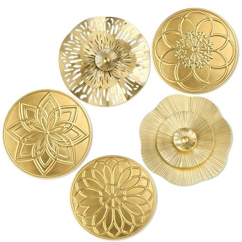 Otoolling 5 Pcs 12 Inch Gold Metal Wall Art Decor Hanging Metal Flower Plate Modern Accent Wall Decorations for Home Living Room Office - Image 2