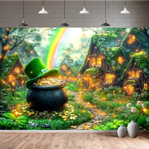 Wathon St Patricks Day Backdrop Shamrock St Patty's Day Glitter Lucky Irish Gold Coins Rainbow Forest Party Decorations Banner March Spring Festival Birthday Photo Booth Video Props 10X10FT