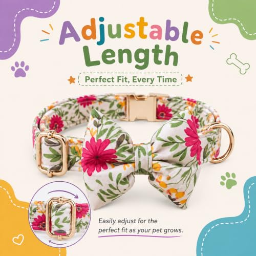 Image of Premium Dog Collar with Bow Tie, Adjustable Size, Lightweight | for 23-35 Kilograms Dogs (L, Floral)