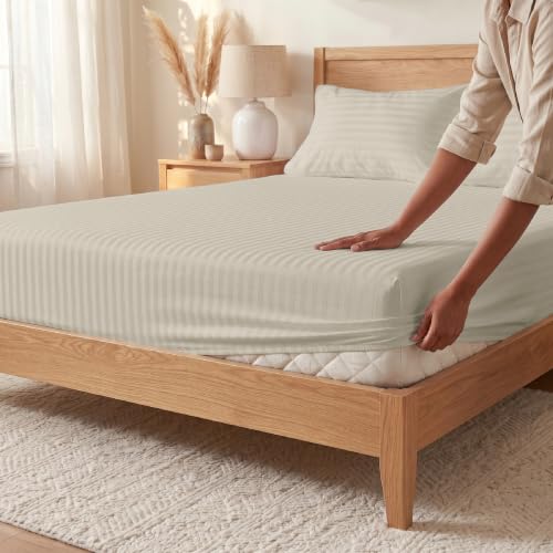 Image of Blue Dahlia 100% Cotton, King Size /Double, Elastic Fitted Bedsheet (72 inchx78 inch) + 2 Pillow Covers, Silky Smooth Feel, 12 inch Deep Mattress Pocket, 300TC Self Striped Premium Bedsheet, Colour: Beige