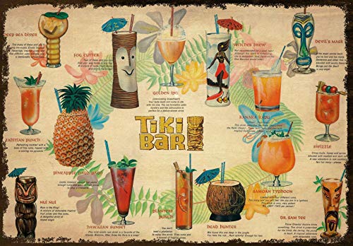 Poster vintage in metallo con scritta in lingua inglese 'Tiki Bar, Estate Cocktail Menu', 20,3 x 30,5 cm, stile retrò, Art House, bar, ristorante, garage, fast food, decorazione da parete classica