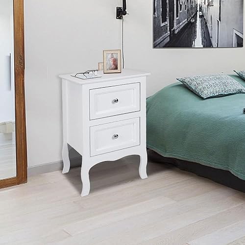 Miniatura 6 de Mesita de noche blanca con 2 cajones, moderna mesa de almacenamiento lateral de cama, mesa auxiliar de madera con patas de madera maciza para