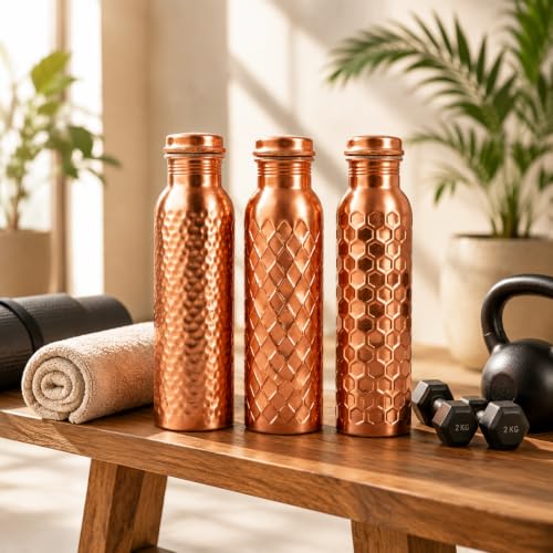 Image of Copper Water Bottle Pure, Set of 3 with Hammered, Diamond & Honeycomb | 100% Pure Copper, Hammered /Diamond /Honeycomb Textures, Copper Finish, Leak-Proof Screw-Top, Wide Mouth, Handcrafted