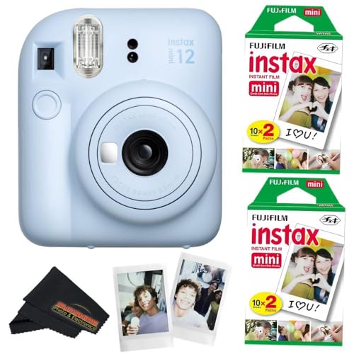 Fujifilm Instax Mini 12 Camera with Fujifilm Instant Mini Film (40 Sheets) Bundle with + Sunshine Photo Microfiber Cleaning Cloth (Pastel Blue)