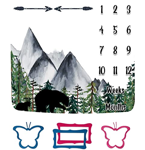 Image of Black Bear Monthly Milestone Blanket, White Unisex | milestone photography Mountains Forest Arrow Design, 48x40in, Soft Flannel, Month and Age Tracking, BTLSFH79