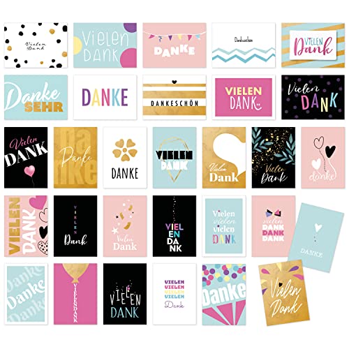 Einladungskarten Manufaktur Hamburg 30 Dankeskarten Danke Karten im Set mit Umschlag mit modernen Design Schrift Typo Motiven zum Bedanken und Dankeschön sagen Mix