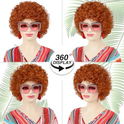 Image of Red Orange Wig + Pink Sunglasses + Rainbow Necklace + Earrings + Bracelets + Wig Cap for Women Costume Short Curly Reddish Wigs for Cosplay Halloween Party or Fun（6pcs Set）