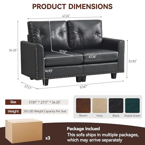 Image of 47.2 inch Faux Leather Modular Sectional Loveseat Couch, Mid Century Modern Tufted 2 Seater Sofa, PU Leather Vintage Love seat Couches with Nailhead Trim for Living Room, Bedroom, Office, Black