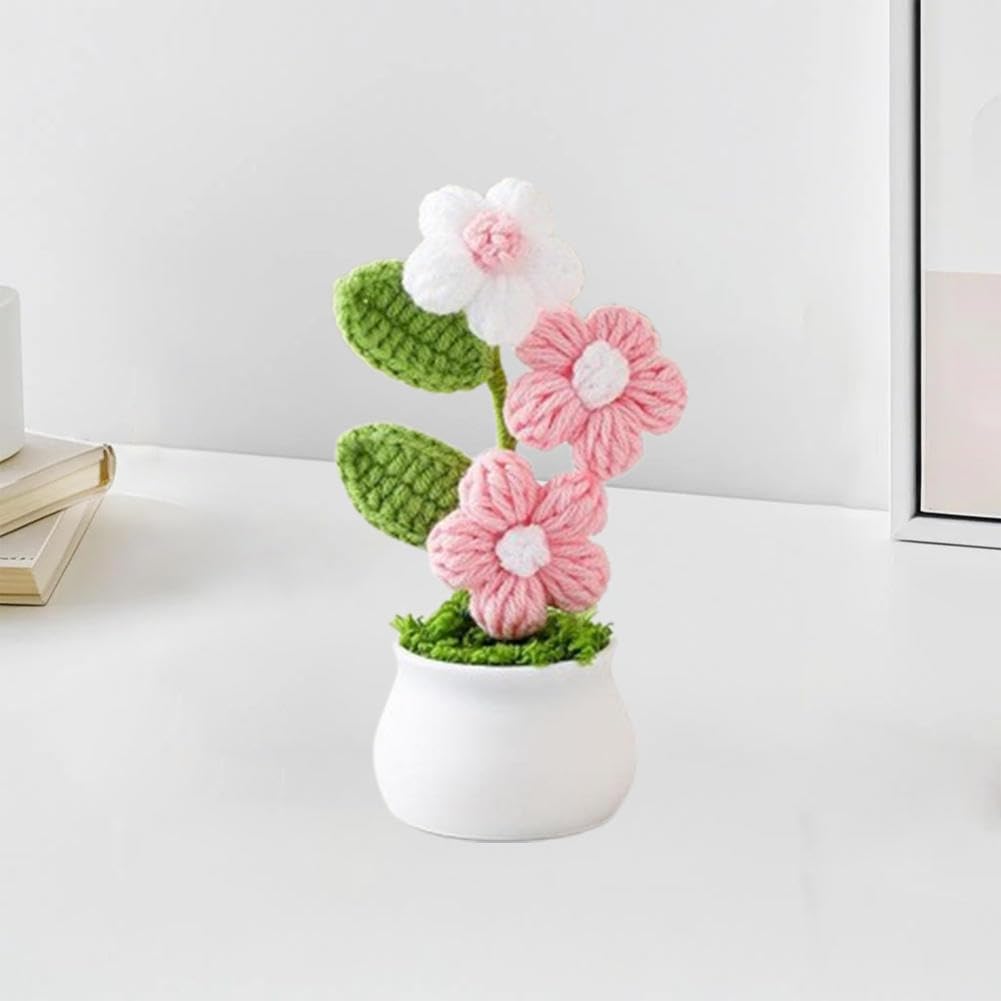 Crochet Flowers,Crochet Flower Bouquet,Cute Handmade Crocheted Flowers,Small Mini Potted Puff Flower Knitted Ornaments,Used for Home Office Desktops and Car Decorations