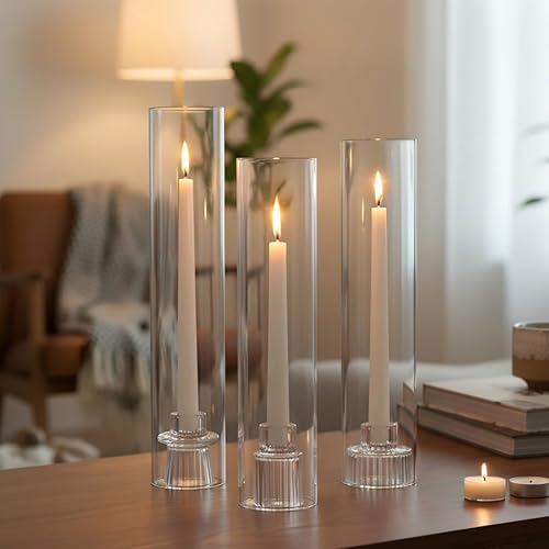 Miniatura 5 de Juego de 3 portavelas de vidrio de huracán para velas cónicas, portavelas con tubos de vidrio resistentes al viento (11.8 pulgadas12.6 pulgadas13.8
