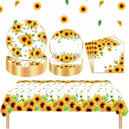 Zhehao 101 Pcs Sunflower Party Tableware Set Yellow Floral Party Supplies Includes 50 Paper Plates 50 Napkins and 1 Tablecloth for Birthday Wedding Bridal Shower Baby Shower Decorations