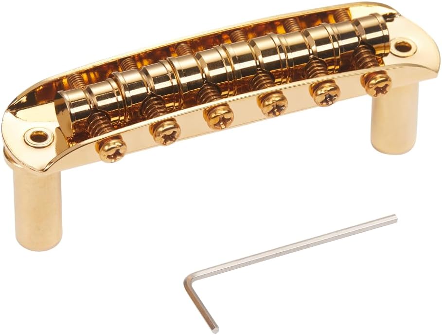 Electric Guitar Bridge Assembly with Barrel Saddles (Fixed Saddle Height) with Vintage 55.5mm String Spacing for Jaguar/Jazzmaster Gold