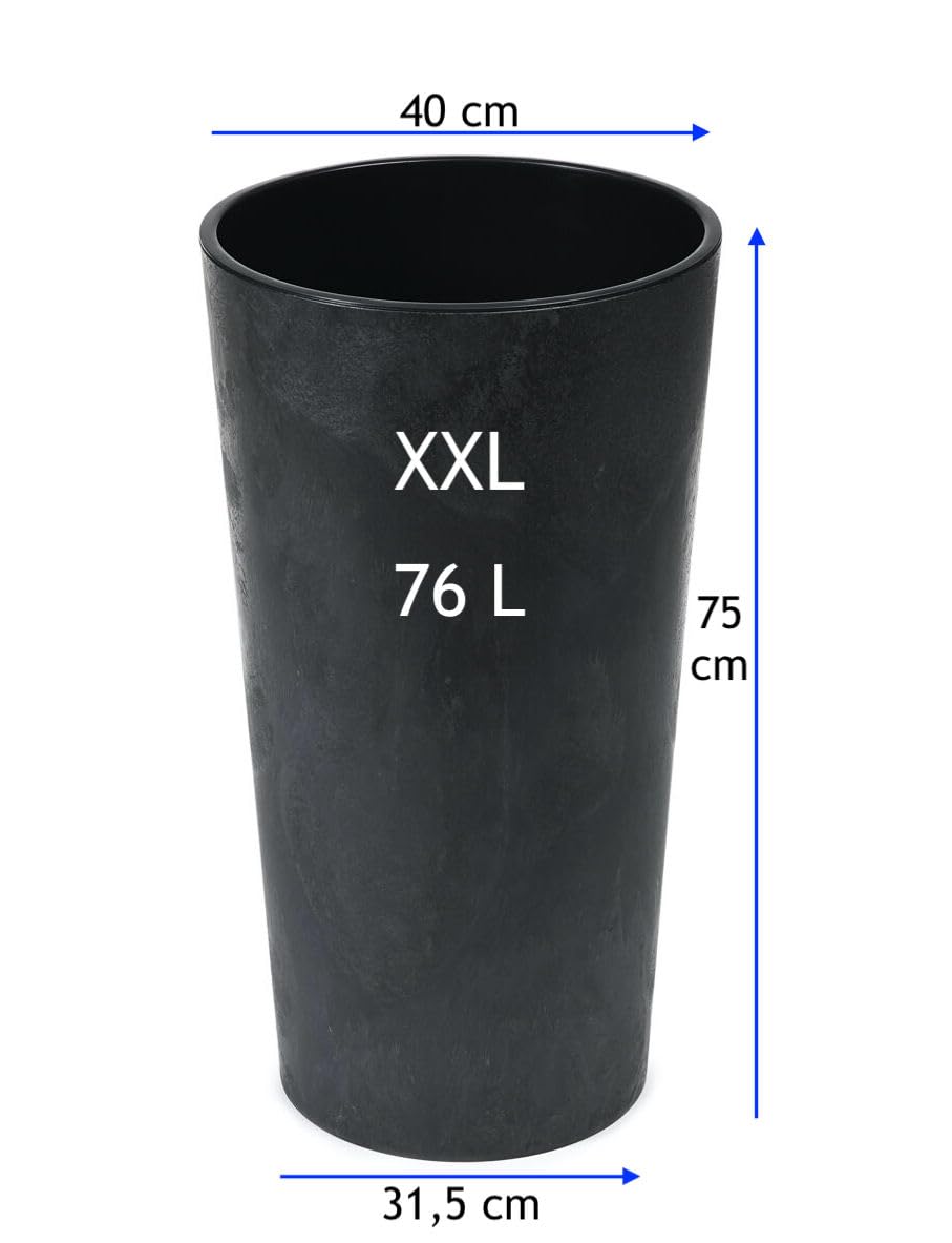 MELTOM Blumenkübel Rund Betoneffekt mit Herausnehmbaren Einsatz Blumentopf Pflanzenkübel Indoor & Outdoor Schwarz XXL 75 cm